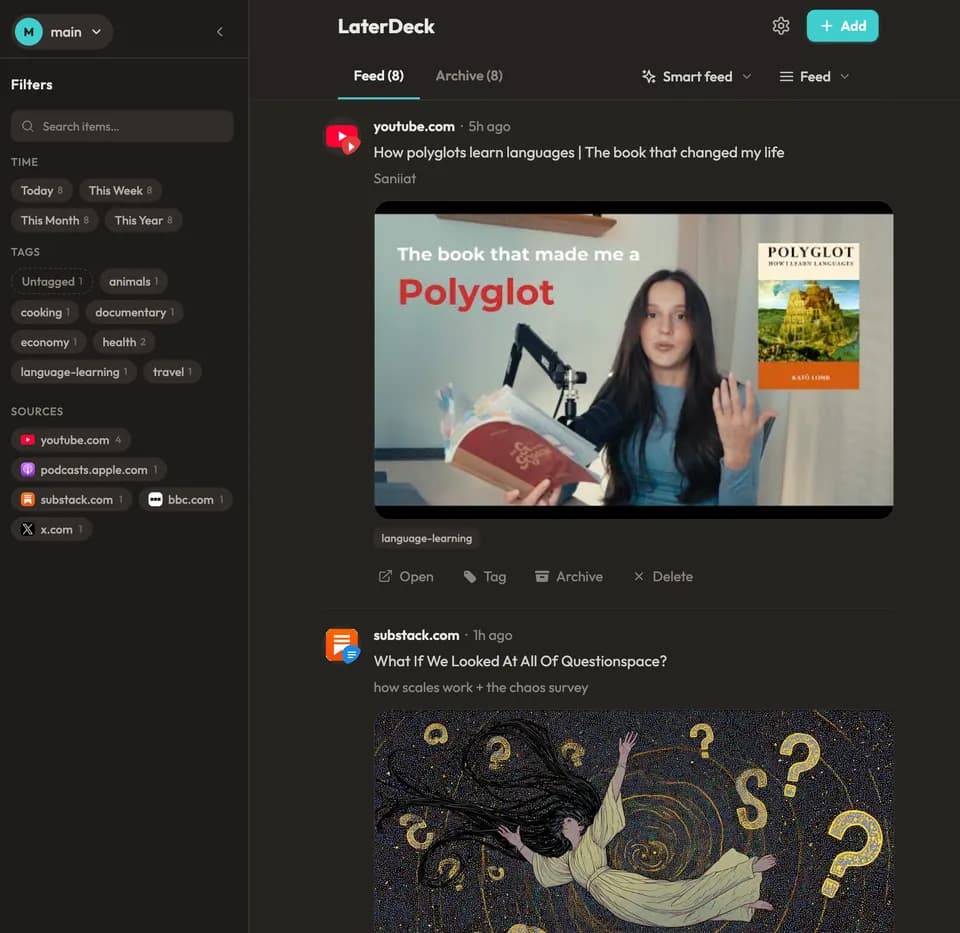 LaterDeck feed showing saved articles, videos, and podcasts with filters and tags
