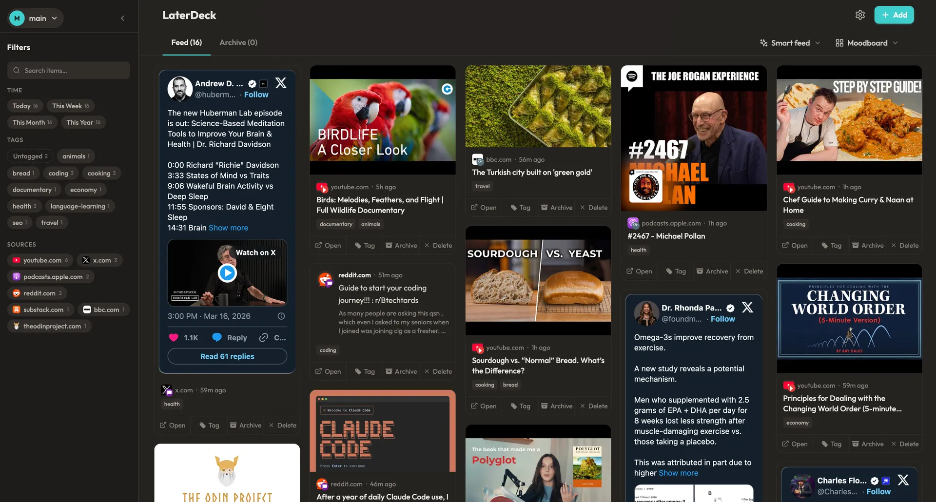 LaterDeck platform showing your personal feed with saved articles, videos, and threads